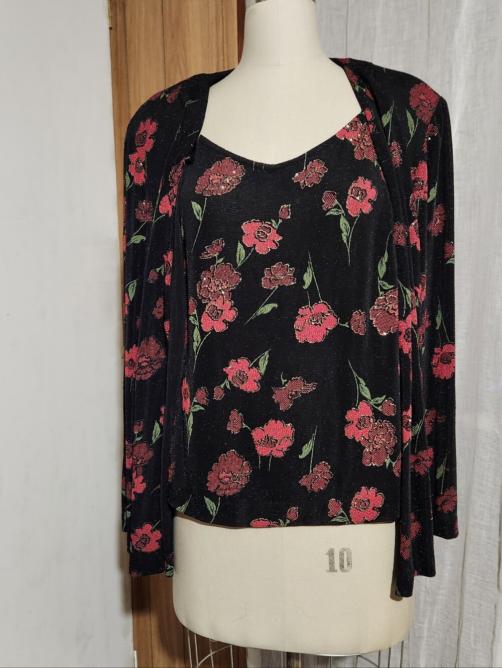 Alex Evenings Black Cardigan  And Tank , Black Red Floral Print And Shimmer, 2x